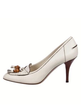 Gucci White Leather Tassel Heeled Loafers with Bamboo Accents